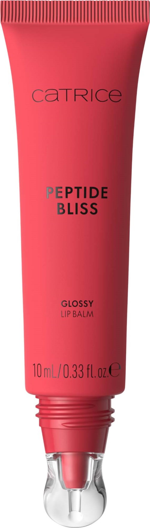 Rote Tube Catrice Peptide Bliss Glossy Lip Balm mit klarem Roll-Top.