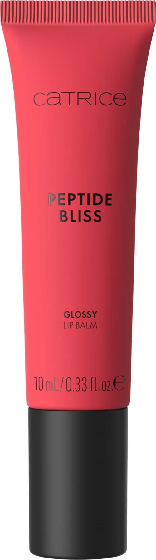 Rote Lippenpflege-Tube mit schwarzem Deckel, gekennzeichnet Catrice Peptide Bliss Glossy Lip Balm, 10 ml.