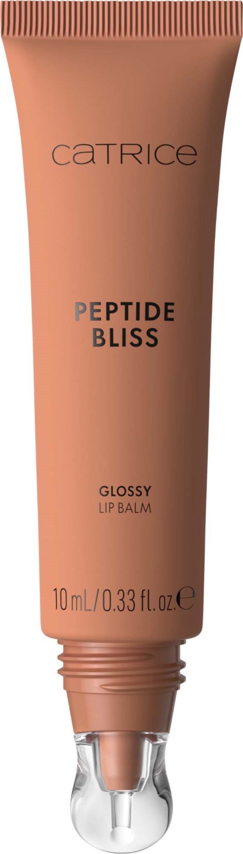 A tube of Catrice Peptide Bliss gloss for lips, with a clear cap and peach-colored body.