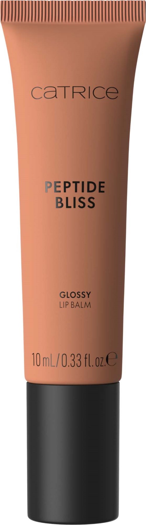 A peach-colored tube labeled Catrice Peptide Bliss Glossy Lip Balm with a black cap.