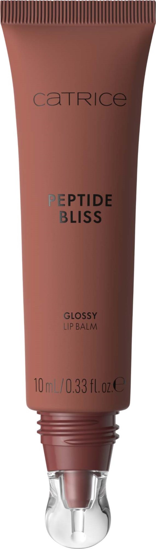 A brown tube labeled CATRICE Peptide Bliss gloss for lips, 10 ml or 0.33 fl oz.