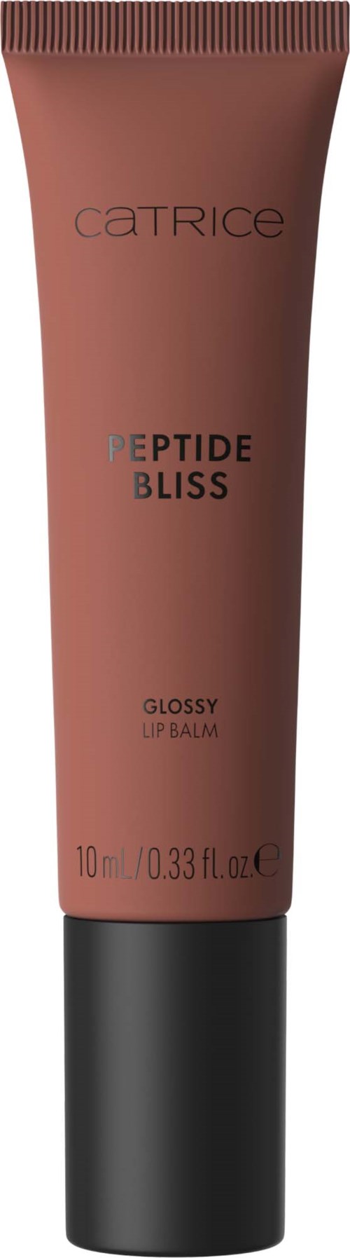 A tube of Catrice Peptide Bliss gloss with black cap, pinkish color, and product name on it.