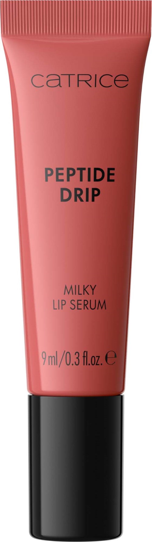 Läppserum i rosa tub med svart lock, märkt Catrice Peptide Drip Milky Lip Serum, 9 ml.