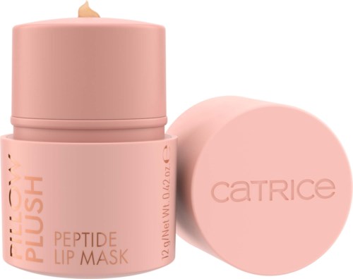 Vaaleanpunainen laatikko, jossa on kansi ja sisällä kynttilä. Huulien naamio, jonka nimi on 'Catrice' ja 'Peptide Lip Mask.'