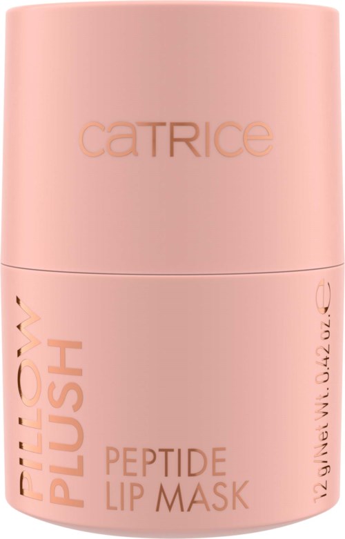 Vaaleanpunainen purkki, jossa lukee 'CATRICE', 'FILL UP PLUS' ja 'PEPTIDE LIP MASK', ihonhoitoon.