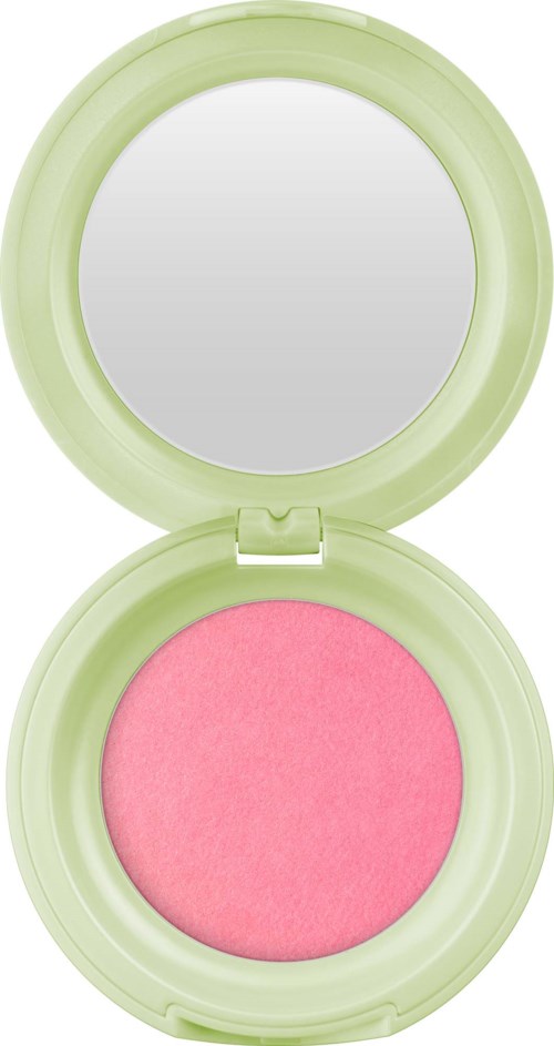 Een roze blush in een ronde, lichtgroene compacte met een spiegel in de deksel.