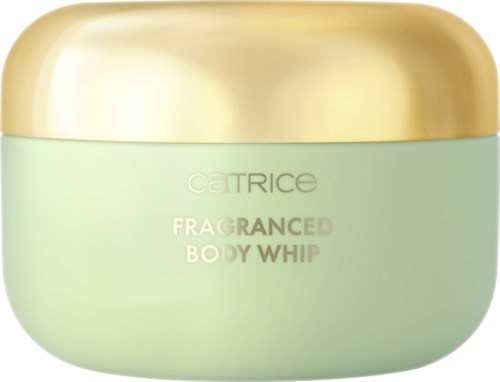 Groene houder met goudkleurige deksel, gemarkeerd 'Catrice Fragranced Body Whip' in het midden.
