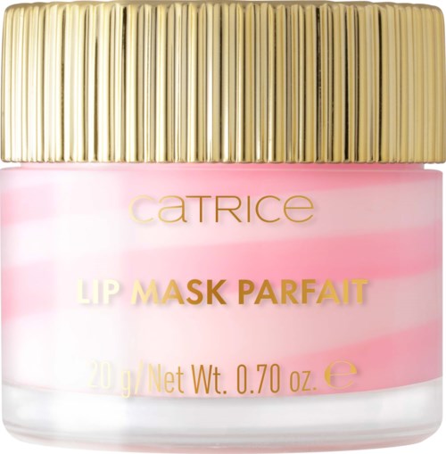 Een roze en witte pot met Catrice lippenmasker en een goudkleurige deksel. Tekst op de pot zegt "Lip Mask Parfait" en productgewicht.