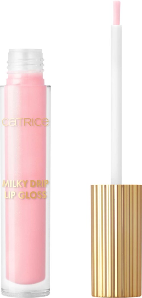 Een roze lipgloss met een witte applicator en een goudgestreepte dop.