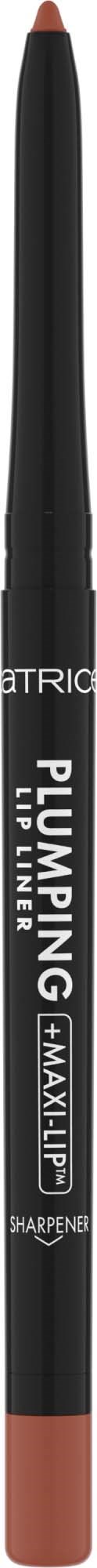 Een zwarte liplinerpotlood met een bruine punt en witte tekst, gelabeld "PUMPING Lip Liner" en "SHARPEN".
