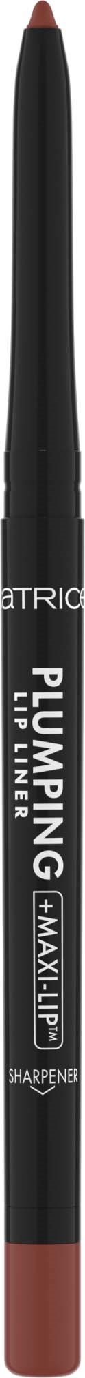 Een zwarte oogpotlood met roze dop en zilveren tekst, gemarkeerd 'Pumping Lip Liner' en 'Sharpener'.
