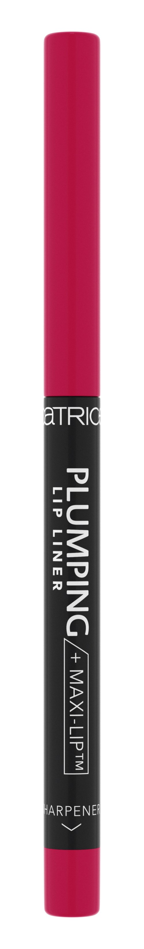 En rosa läppkonturpenna med svart och vitt text, märkning 'Plumping' och 'Max Lip'.