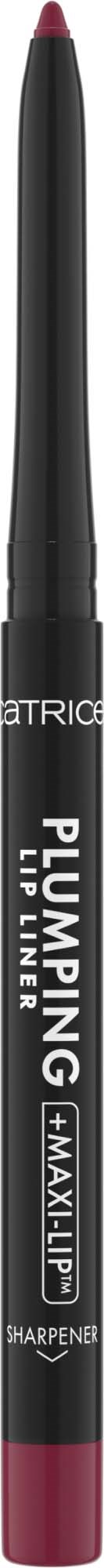 A black and pink makeup pencil, labeled "PLUMPING + LIP LINER," with a cap at the top and a tip at the bottom.