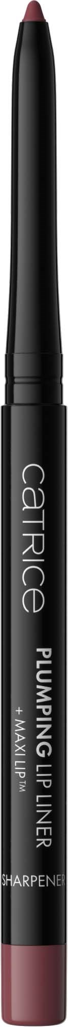 A black lip liner pencil with pink tip and white text, labeled "PLUMPING LIP LINER" by Catrice.