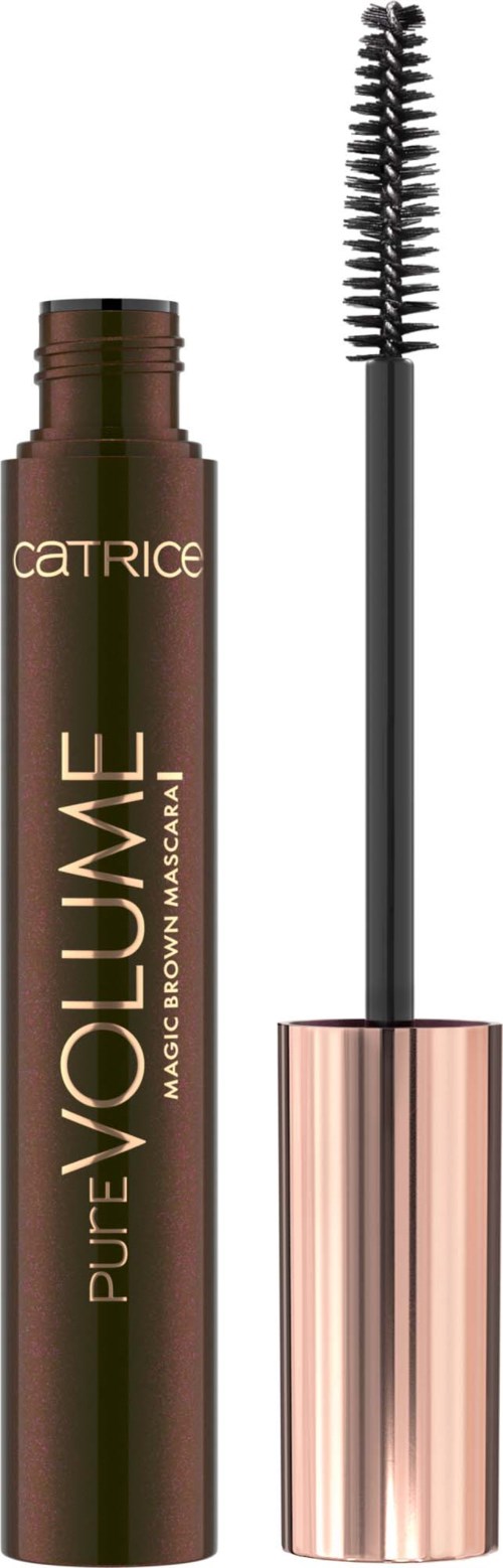 A brown mascara tube with a gold cap and a black brush applicator. The product is called 'Pure Volume' by Catrice.