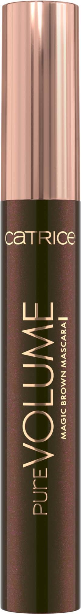 Mascara tube with a metallic pink cap and black body featuring gold text. Brand name Catrice and product details are visible.