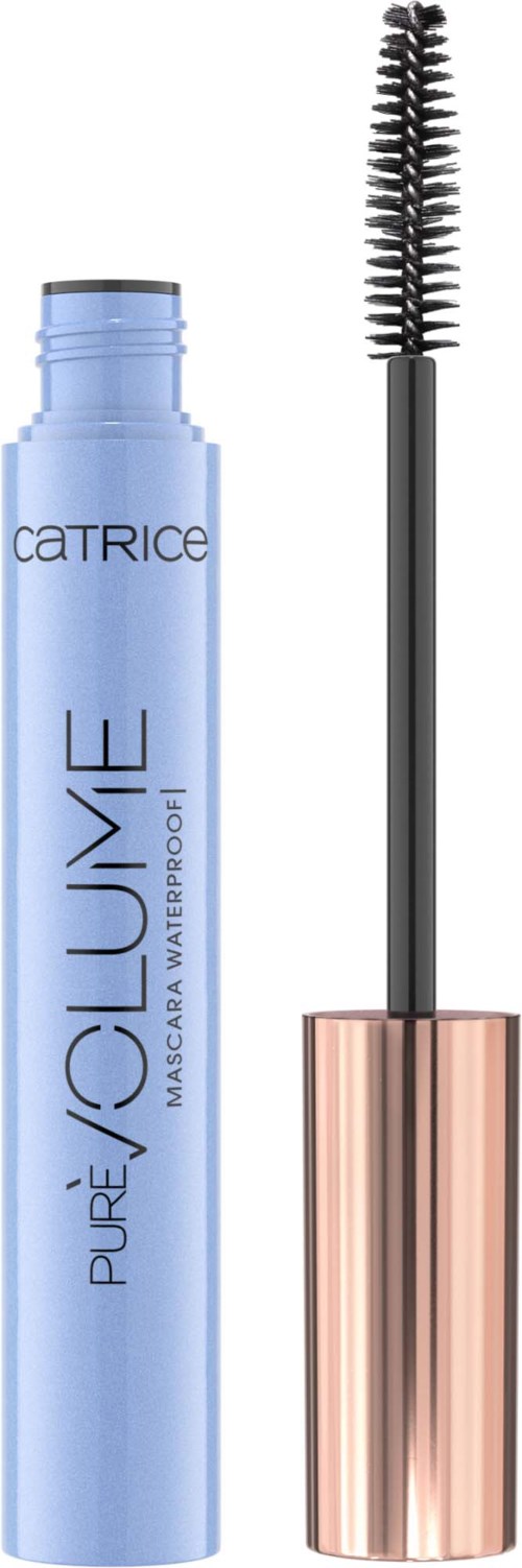 Een blauwe tube waterdichte mascara met een zwart borsteltje en rose goudkleurige dop.