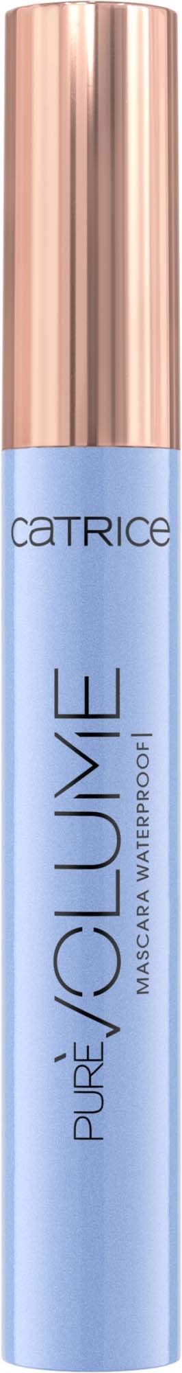 Blauwe mascara-tube met roségouden dop, gelabeld 'Catrice' en 'PURE@@LUXE MASCARE & WATERPROOF'.