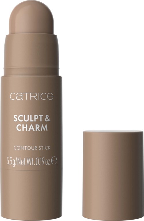 A beige stick with a rounded top and a cap lying next to it, labeled 'Catrice Sculpt & Charm Contour Stick'.