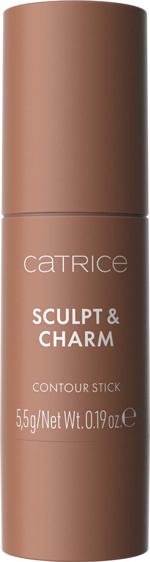 A brown cylindrical contour stick labeled "Catrice Sculpt & Charm" with product weight details.