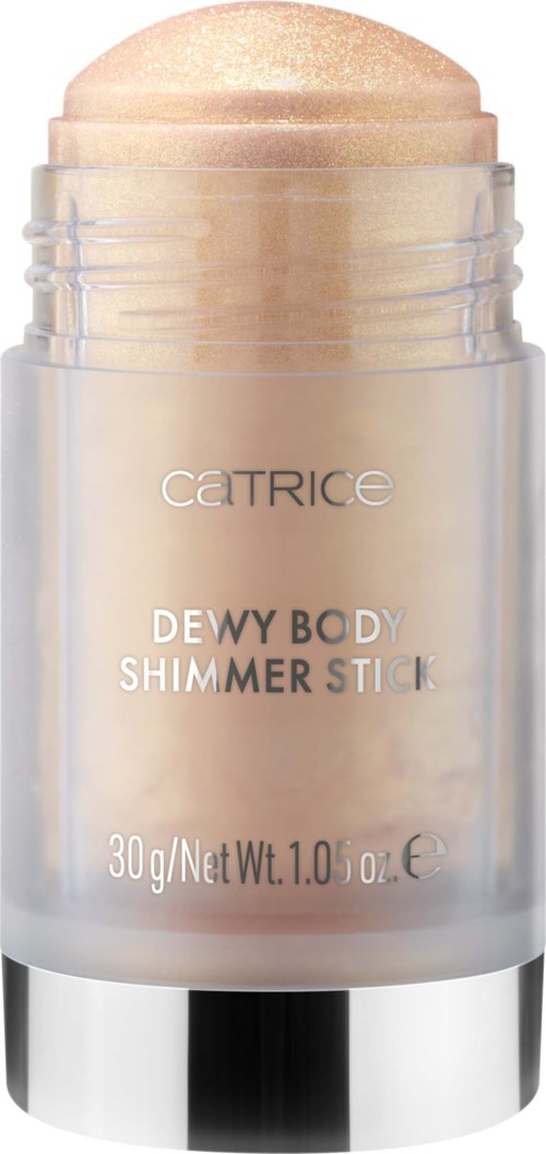 En makeup-stift med ljus beige färg, märkt CATRICE Dewy Body Summer Stick, i ett genomskinligt behållare.
