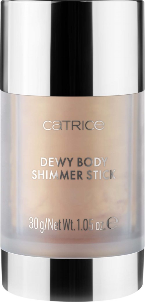 Det är en skönhetsprodukt som kallas Dewy Body Shimmer Stick i en silver och klar behållare.