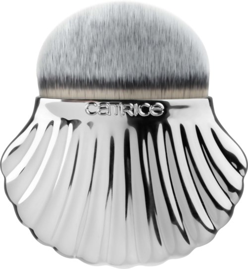 A shiny makeup brush with a shell-shaped handle and the word CATRICE on it.