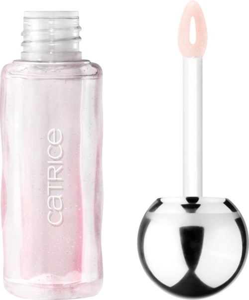 A clear bottle of lip gloss with a white and pink wand applicator and a shiny silver cap.