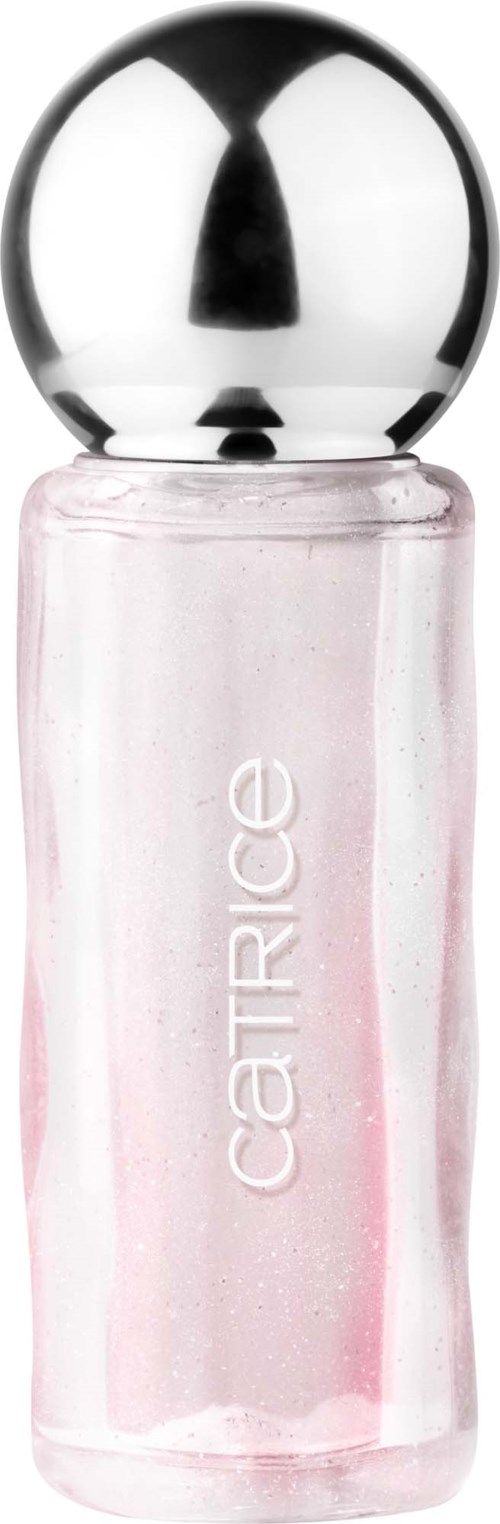 A clear perfume bottle with a silver rounded cap and the brand name 'catrice' on it.