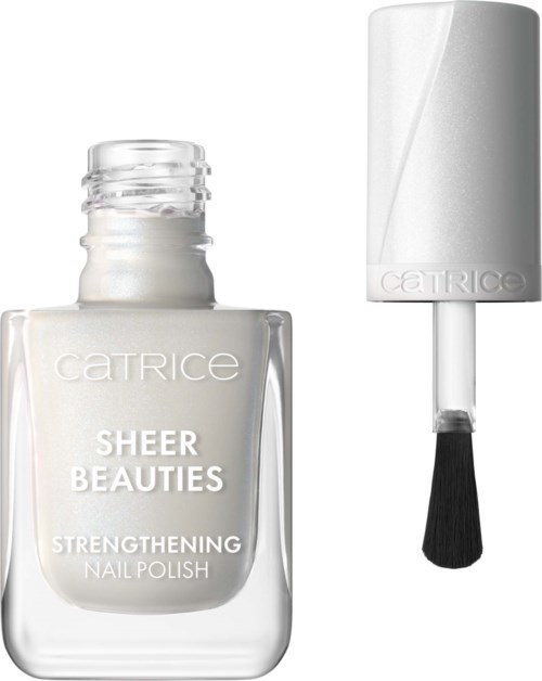Witte nagellakfles met label 'Sheer Beauties' en zwarte kwast, nieuw en ongebruikt.