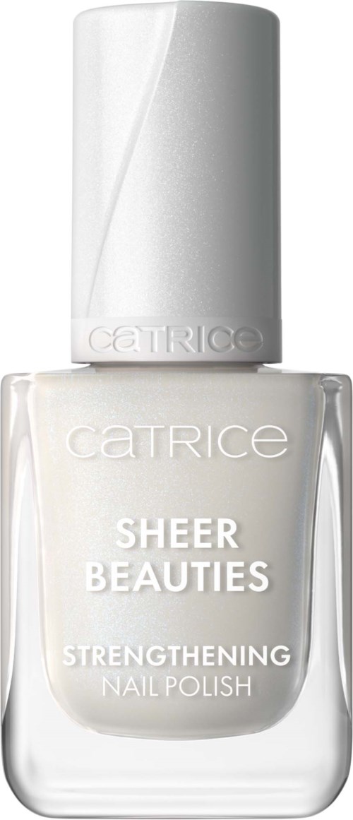 Een transparante fles nagellak met de tekst 'Catrice Sheer Beauties Strengthening Nail Polish.'