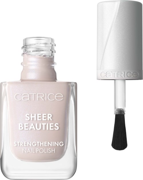 A bottle of Catrice nail polish named Sheer Beauties with a white cap and black brush.