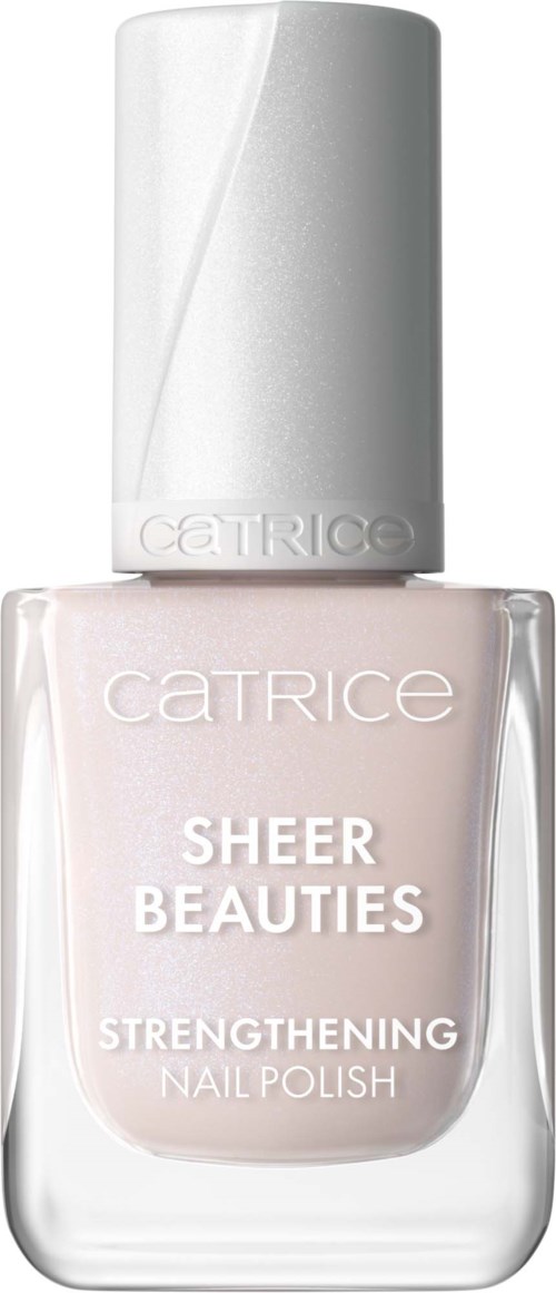 A bottle of Catrice Sheer Beauties Strengthening Nail Polish, pale pink color, with a white cap.