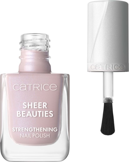 Pink nail polish bottle with a white cap and brush, labeled 'Sheer Beauties.'