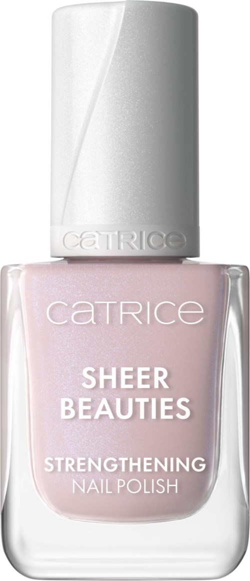 A bottle of Catrice Sheer Beauties strengthening nail polish with a pink color and silver cap.