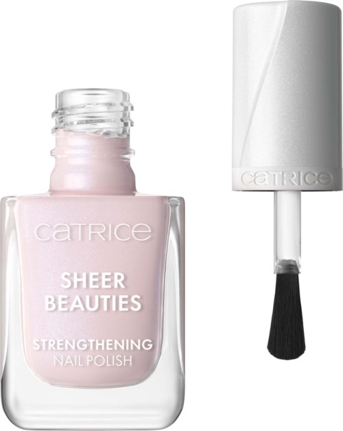 Een lichtroze nagellakfles met witte dop en een borstel ernaast. De fles zegt "Sheer Beauties."