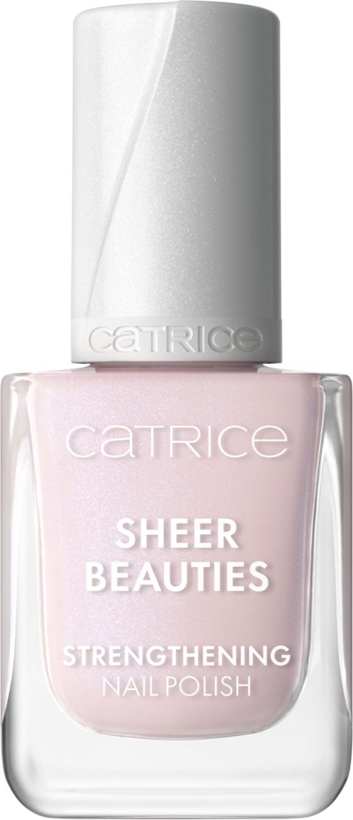 Roze nagellakfles met witte dop, gelabeld 'Catrice Sheer Beauties Strengthening Nail Polish.'