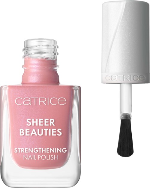 Pink nail polish with a white cap and brush, labeled 'Catrice Sheer Beauties Strengthening Nail Polish.'