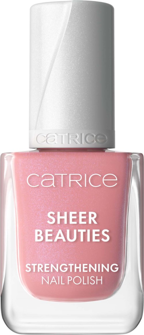 Pink nail polish bottle labeled 'Catrice Sheer Beauties Strengthening Nail Polish'.