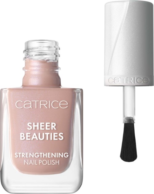 Lichtroze nagellak in een doorzichtige fles met kwastje en witte dop. Het label leest Sheer Beauties.