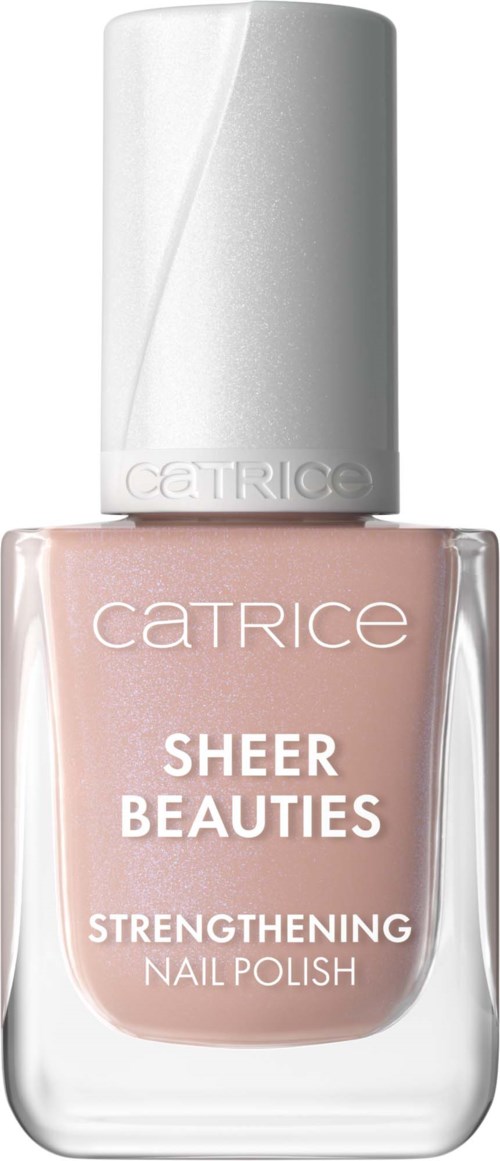 Een fles Catrice Sheer Beauties Strengthening Nagellak, met lichtroze nagellak en witte dop.