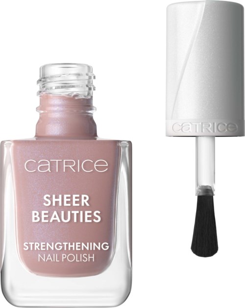 Pink nail polish bottle with white cap and brush, labeled 'Catrice Sheer Beauties Strengthening Nail Polish'.