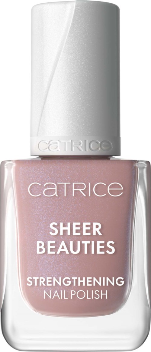 A bottle of Catrice Sheer Beauties strengthening nail polish in light pink color.