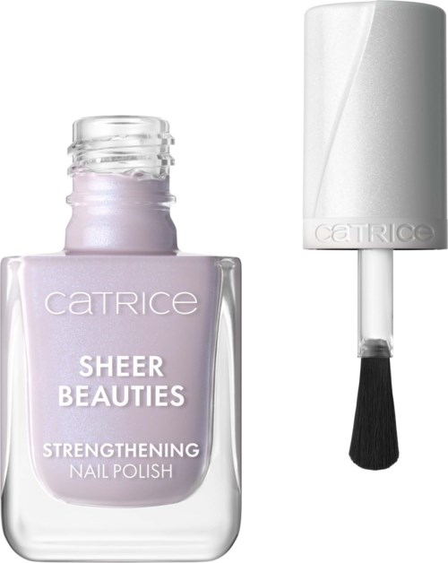 A nail polish bottle with a matching white cap, labeled 'Catrice Sheer Beauties Strengthening Nail Polish.'