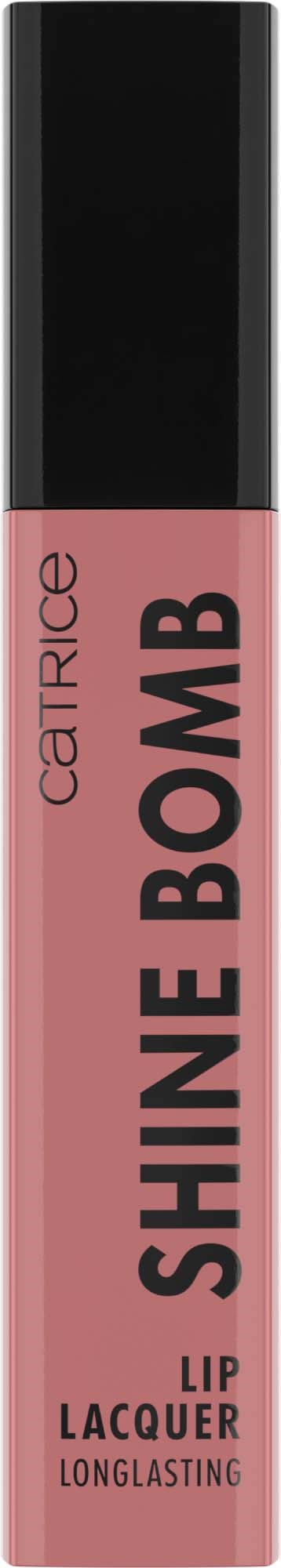 Pinkki huulikiiltoputki mustalla kannella, merkinnällä "Shine Bomb" ja "Lip Lacquer Longlasting".