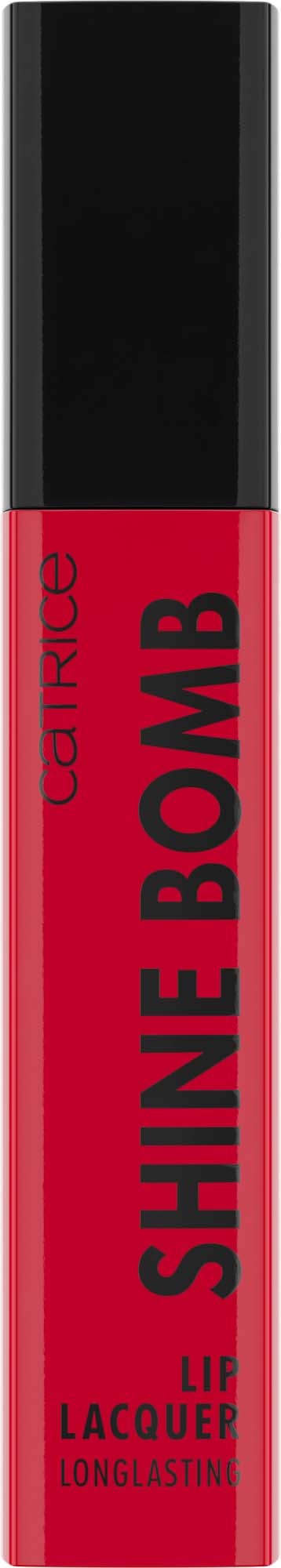 Punainen huulikiiltoputki mustalla korkilla, merkitty 'SHINE BOMB' ja 'LIP LACQUER LONG-LASTING'.