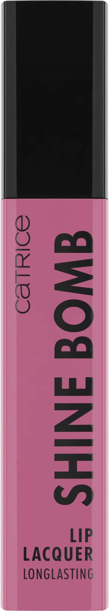 Pinkki huulikiilton pullo, jossa musta korkki, merkitty "SHINE BOMB" ja tuotemerkki "catrice".