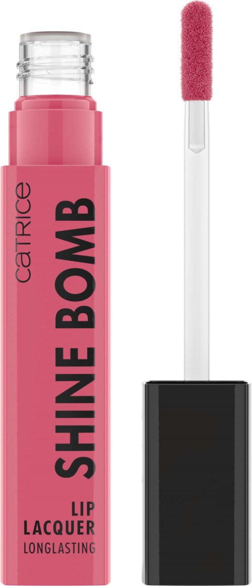Roze vloeibare lipgloss met doorzichtige dop en zwarte basis. Lipglossapplicator met roze spons.