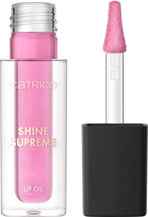 Pink lip oil-flaske med påføringsvott, etiketten viser Shine Supreme Lip Oil fra Catrice.