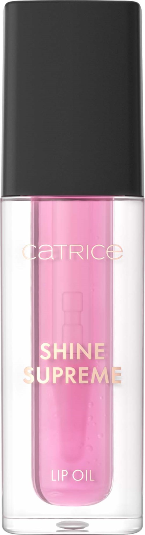 Leppeglans i gjennomsiktig tube med svart hette, merket Catrice Shine Supreme Lip Oil i rosa.
